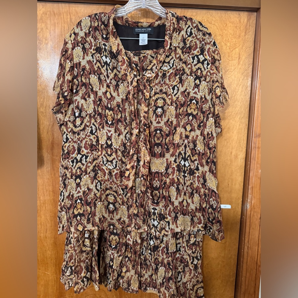 Jones New York 2 Piece Silk Skirt & Blouse Set Brown 16W Top 18W Skirt Lined